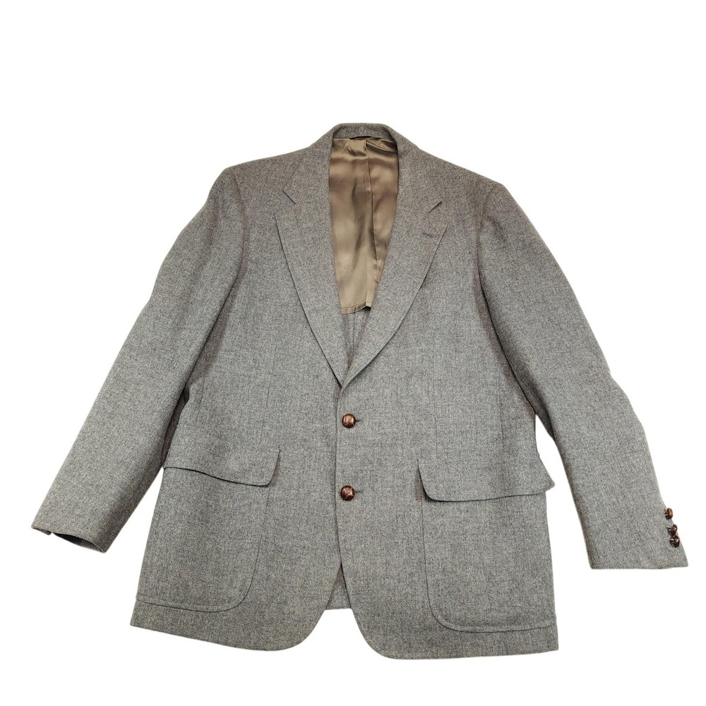 Vintage Cricketeer Sport Coat Mens 44 Gray Wool Tweed Leather Buttons Blazer USA